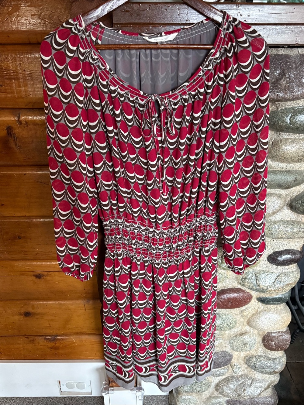 Sophie Max Retro Geometric Smocked Waist Peasant Dress Red S